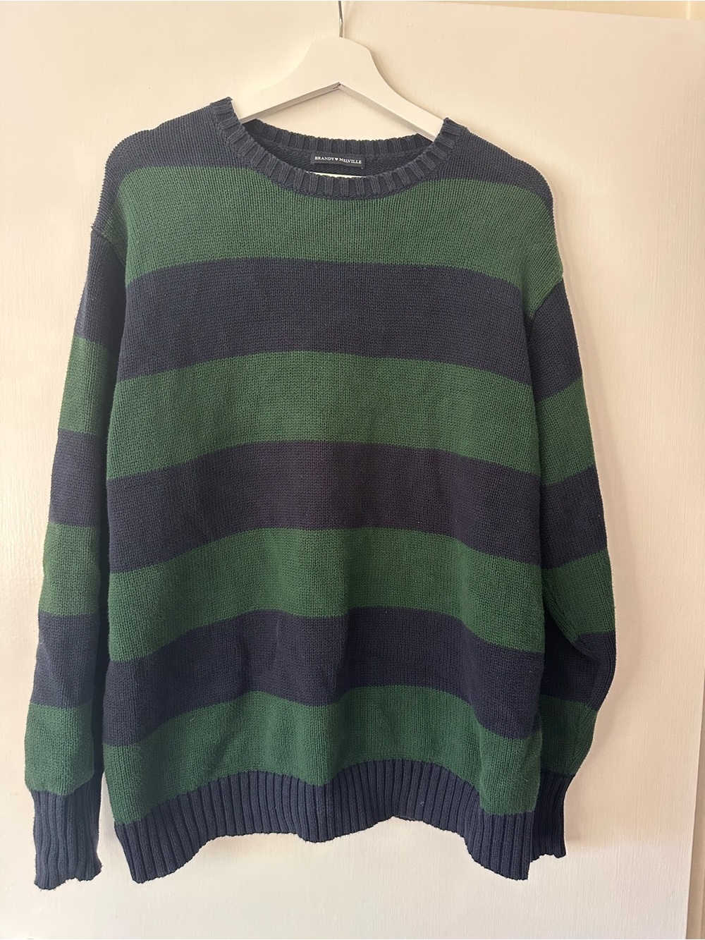 Brandy Melville Green & Navy Striped Crewneck Sweater